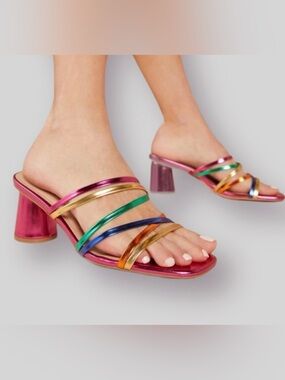 BAMBOO Multicolor Metallic Strappy Block Heel Sandals — Size 8.5